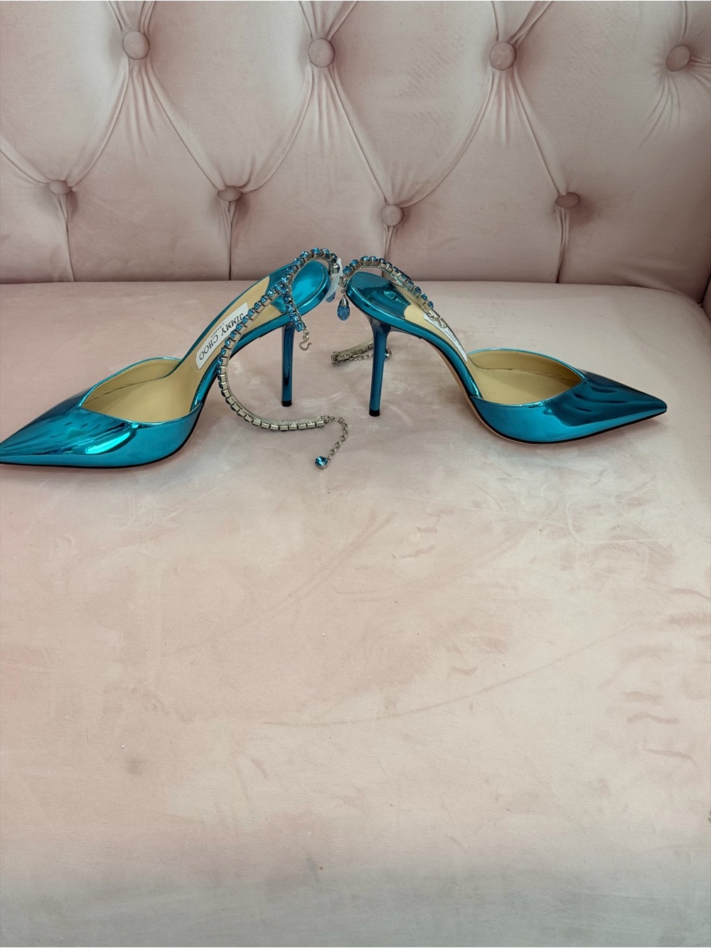 Jimmy Choo Bing Crystal Anklet Pumps
💙 Size 38.5 | Metallic Turquoise Blue - Picture 4 of 5